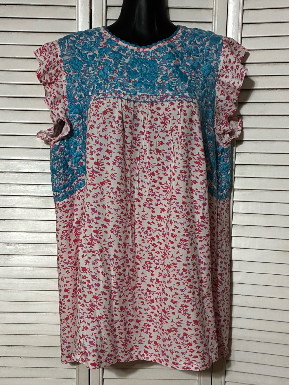 Blue-Yoke Pink Floral Smocked Women’s Blouse